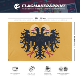 A mockup depicting custom flag specifications and measurements for 'Pixel Art Roman Empire flag'