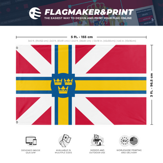A mockup depicting custom flag specifications and measurements for 'Scandinavian Commonwealth flag'
