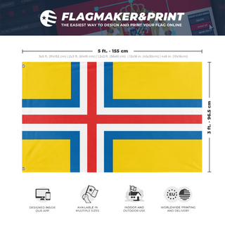 A mockup depicting custom flag specifications and measurements for 'United Scandinavia flag'
