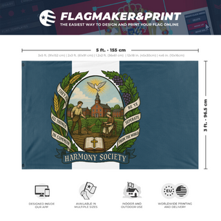 A mockup depicting custom flag specifications and measurements for 'Harmony Society flag'