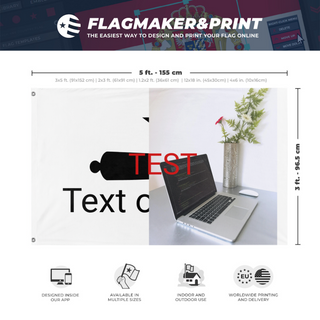 A mockup depicting custom flag specifications and measurements for 'TEST flag'