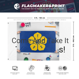 A mockup depicting custom flag specifications and measurements for 'test flag'