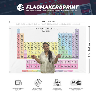 A mockup depicting custom flag specifications and measurements for 'Graduation flag'