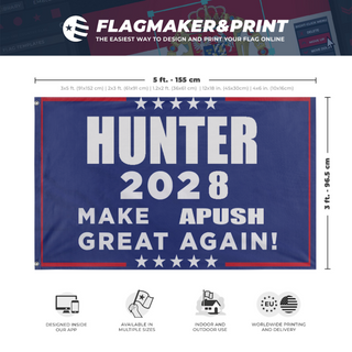 A mockup depicting custom flag specifications and measurements for 'Hunter 2028 flag'