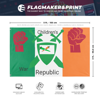 A mockup depicting custom flag specifications and measurements for 'Children's Republic War flag'