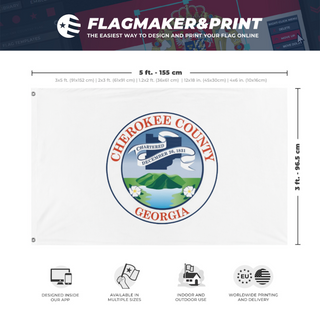 A mockup depicting custom flag specifications and measurements for 'Cherokee County, GA flag'