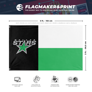 A mockup depicting custom flag specifications and measurements for 'dallas stars flag'