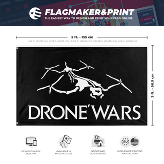 A mockup depicting custom flag specifications and measurements for 'drone wars flag'