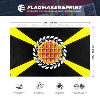 A mockup depicting custom flag specifications and measurements for 'Adam Waffle Division flag'