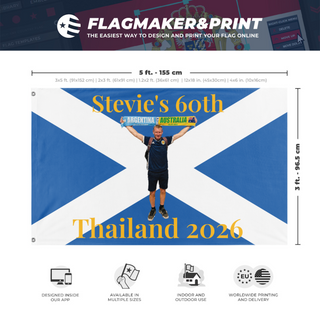 A mockup depicting custom flag specifications and measurements for 'Stevie's 60th flag'