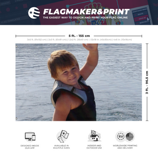 A mockup depicting custom flag specifications and measurements for 'Design Studio flag'