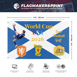 A mockup depicting custom flag specifications and measurements for 'World Cup 2026 flag'