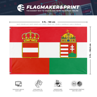 A mockup depicting custom flag specifications and measurements for 'Austria Hungary Civil Ensign flag'