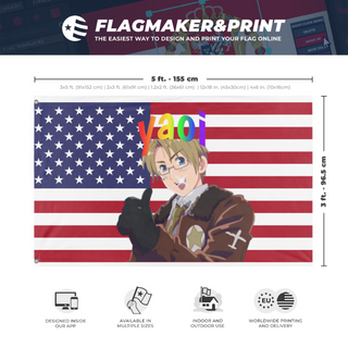 A mockup depicting custom flag specifications and measurements for 'yaoimerica 2.0 flag'