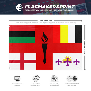 A mockup depicting custom flag specifications and measurements for 'south 2 flag'