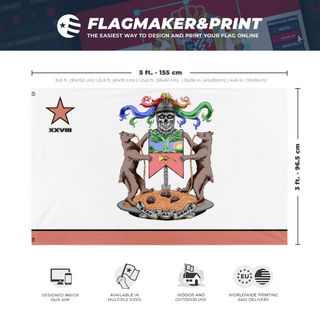 A mockup depicting custom flag specifications and measurements for 'CCC Crew 28 Flag Official 1'