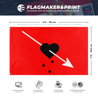 A mockup depicting custom flag specifications and measurements for 'Bleeding Heart PPirate Flag'