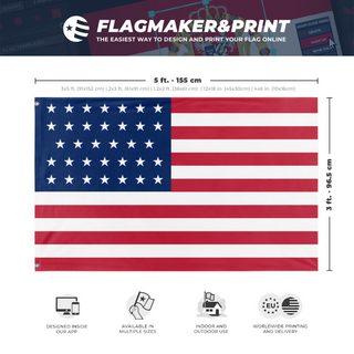 A mockup depicting custom flag specifications and measurements for '34 Star U.S  flag'
