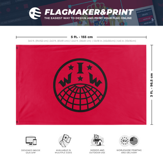 A mockup depicting custom flag specifications and measurements for 'IWW flag'