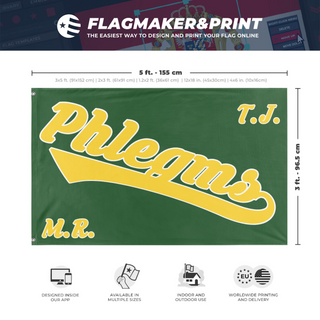 A mockup depicting custom flag specifications and measurements for 'Phlegms flag'