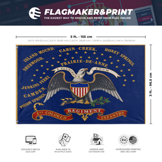 A mockup depicting custom flag specifications and measurements for '1st Colored Regiment flag'
