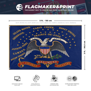 A mockup depicting custom flag specifications and measurements for 'Kansas 1st Colored Regiment flag'