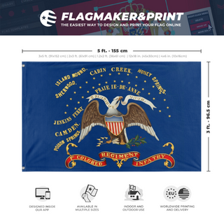 A mockup depicting custom flag specifications and measurements for '1st Colored Regiment Infantry flag'