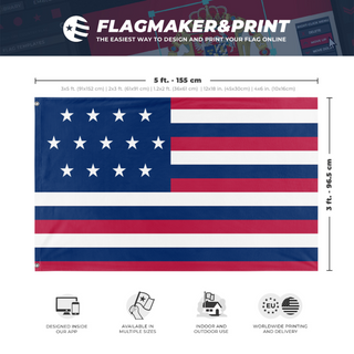 A mockup depicting custom flag specifications and measurements for 'Franklin-Adams United States flag'