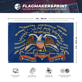 A mockup depicting custom flag specifications and measurements for '1st Kansas Regiment Cavalry flag'