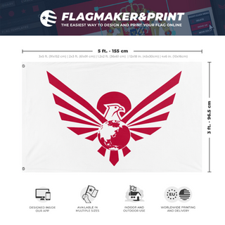 A mockup depicting custom flag specifications and measurements for 'Greater East Asian Co Prosperity Sphere flag'