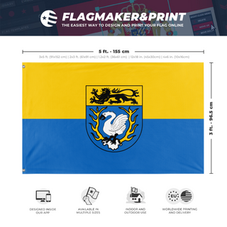 A mockup depicting custom flag specifications and measurements for 'Flag of Aachen'