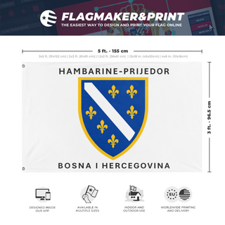 A mockup depicting custom flag specifications and measurements for 'BiH - Prijedor flag'
