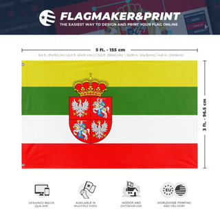 A mockup depicting custom flag specifications and measurements for 'Modern Poland Lithuania flag'
