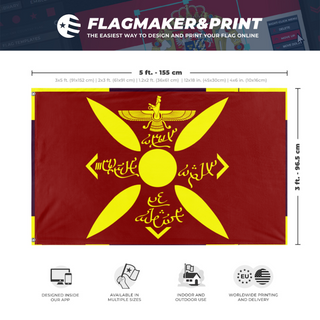 A mockup depicting custom flag specifications and measurements for 'Sasanian Empire flag'