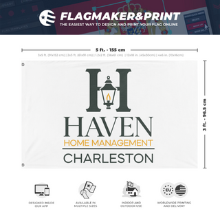 A mockup depicting custom flag specifications and measurements for 'Haven flag'