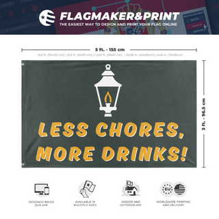 A mockup depicting custom flag specifications and measurements for 'Less chores flag'