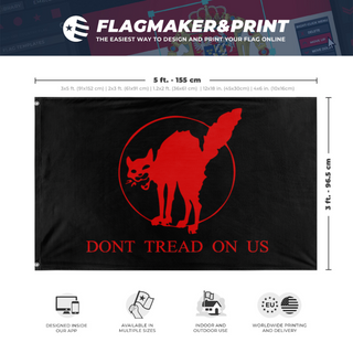 A mockup depicting custom flag specifications and measurements for 'Sabot Gadsen flag'