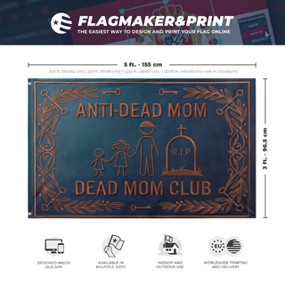 A mockup depicting custom flag specifications and measurements for 'momsdead flag'