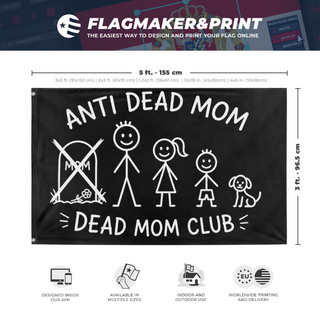 A mockup depicting custom flag specifications and measurements for 'mamabyebye flag'