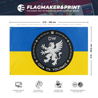 A mockup depicting custom flag specifications and measurements for 'DW  flag'