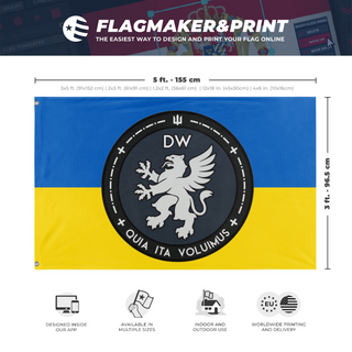 A mockup depicting custom flag specifications and measurements for 'DW flag'