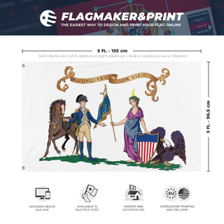 A mockup depicting custom flag specifications and measurements for 'Washington's Life Guards flag'