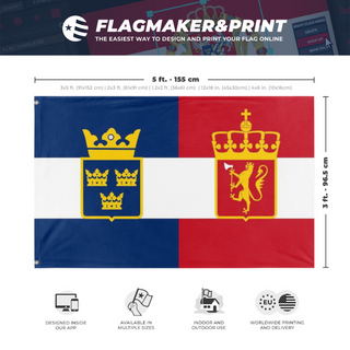 A mockup depicting custom flag specifications and measurements for 'Sweden - Norway Flag in the style of Austria-Hungary'