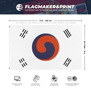 A mockup depicting custom flag specifications and measurements for 'Flag of Great Joseon'