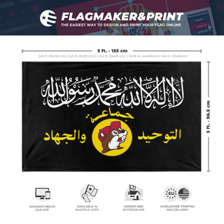 A mockup depicting custom flag specifications and measurements for 'Al Buccee's flag'