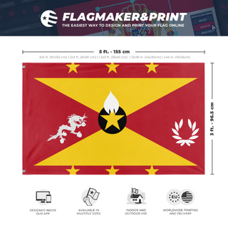 A mockup depicting custom flag specifications and measurements for 'Yo-yo Korea dinosaurs flag'