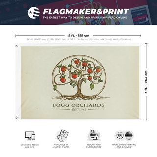 A mockup depicting custom flag specifications and measurements for 'Fogg Orchard flag'