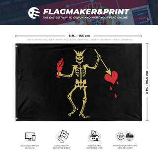 A mockup depicting custom flag specifications and measurements for 'Golden Blackbeard flag'