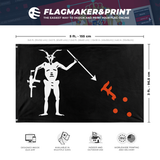 A mockup depicting custom flag specifications and measurements for 'Modern No Quarter  flag'