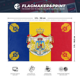 A mockup depicting custom flag specifications and measurements for 'Romanian Monarchy flag'